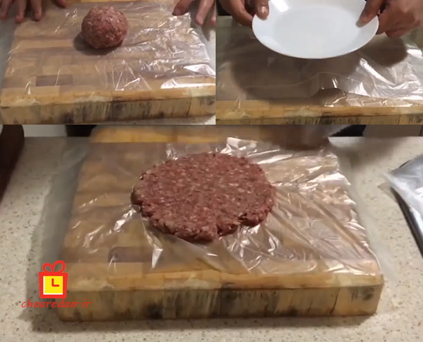 روش گرد کردن گوشت همبرگر خانگی با بشقاب و چونه کردن برگر