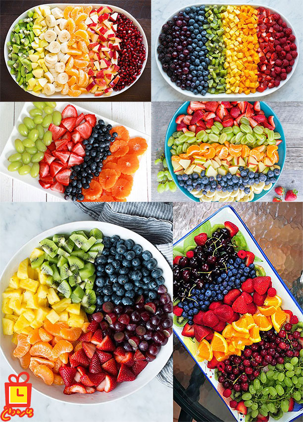 تزیین بشقاب میوه و میوه آرایی با میوه خرد شده با تیکه های رنگی رنگی میوه