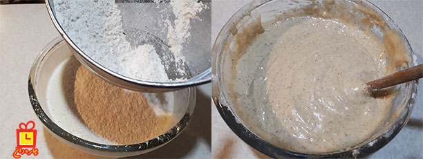 زدن آرد به مواد کیک هویج و دارچین
